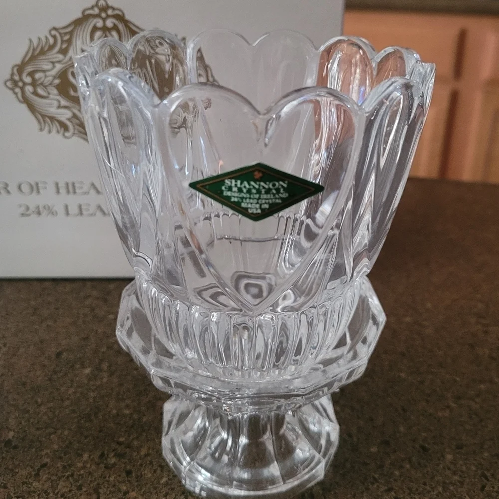 Shannon Crystal Pair of Heart Hurricane 24% Lead Crystal Candle Holders with Box